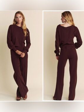 Women's 2pc Ribbed Wide-Leg Pants Set - Brown